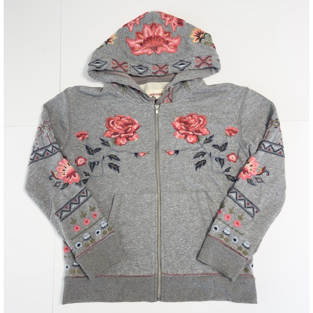 Driftwood Women's Teddy Hoodie Floral Embroidered Full Zip Artisan Boho Size S